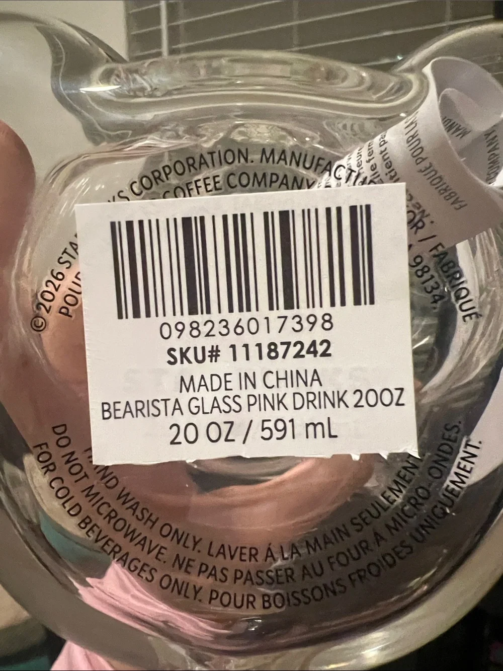 New! Starbucks Bearista Glass Tumbler + Pink Drink Strawberry Straw Topper